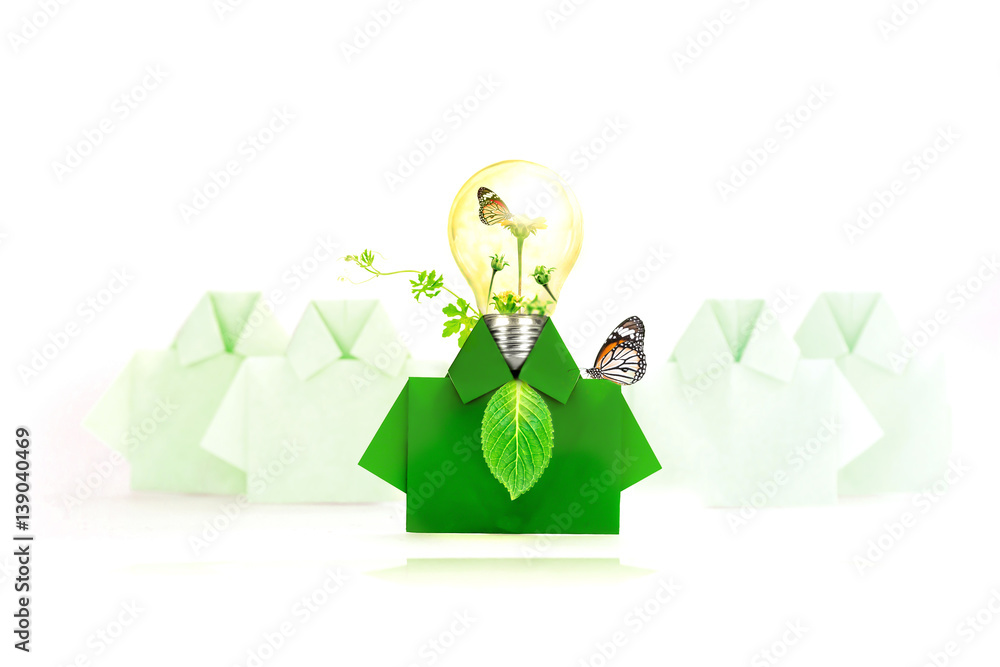 Green origami shirt paper Light bulb with flower tree and butterfly inside , Think green and eco fri