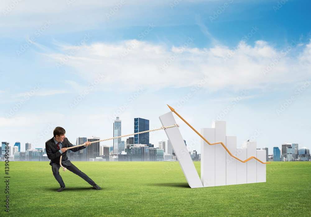 Businessman pulling graph with rope as concept of power and control