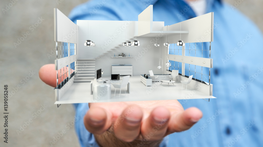 Businessman holding white 3D rendering apartment in his hand