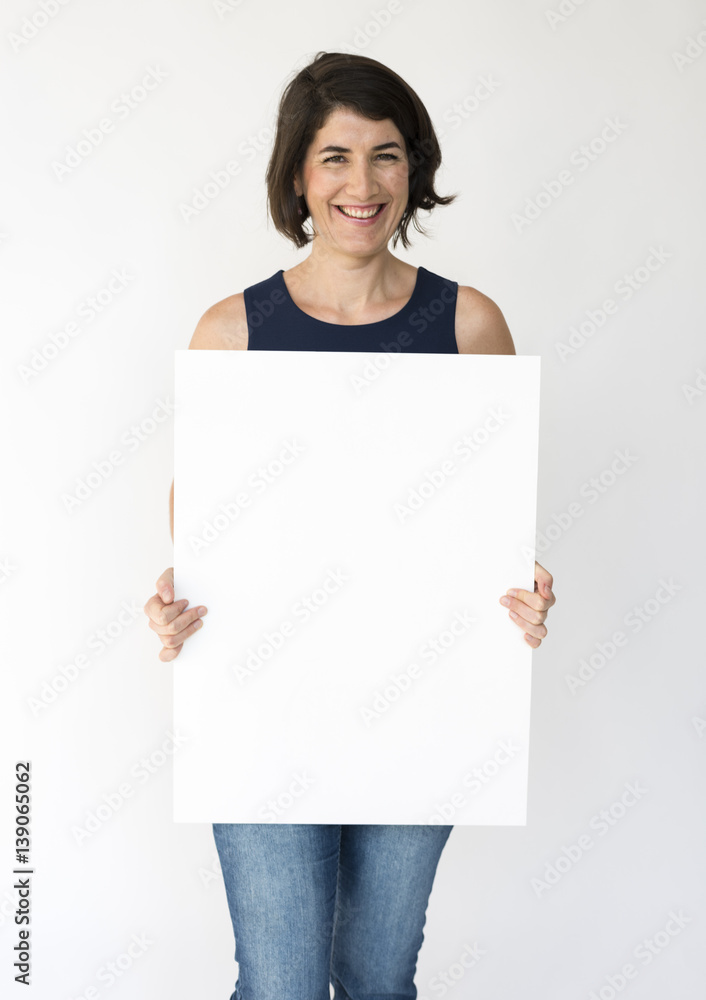 Woman Hands Hold Show Blank Paper Board