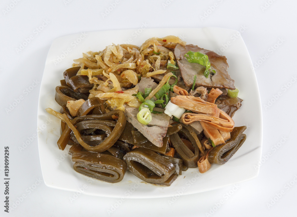 kelp and dried bean curd isolated on white background