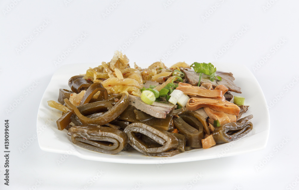 kelp and dried bean curd isolated on white background