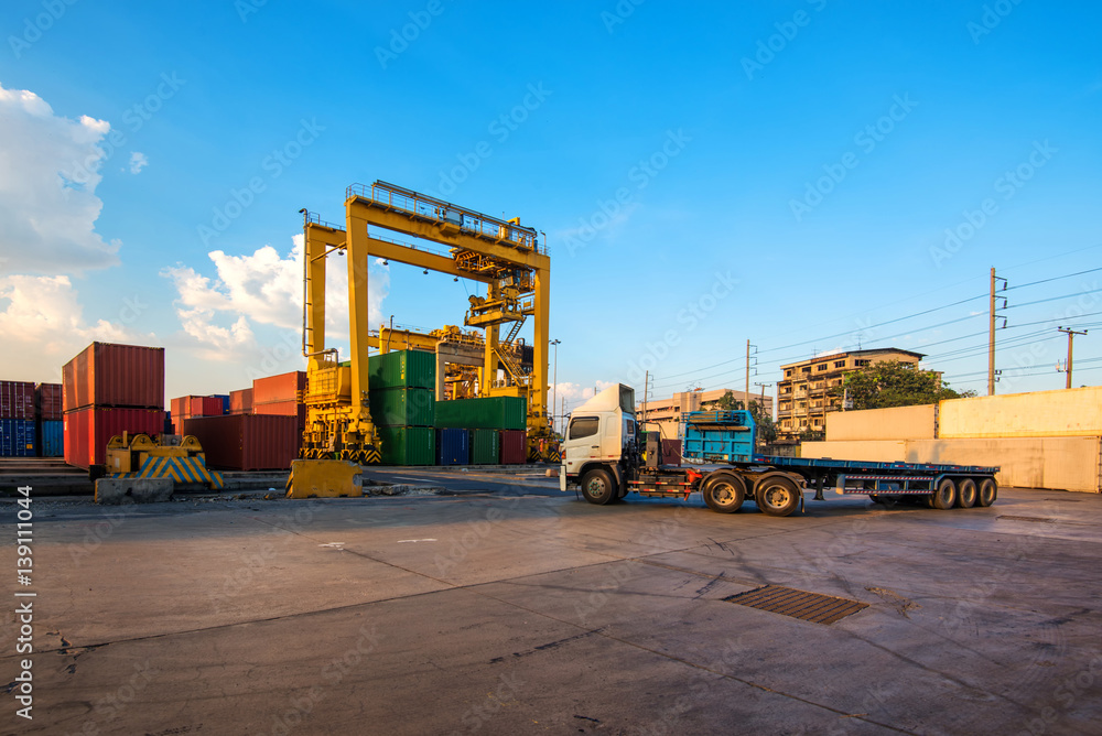 container ship in import export and business logistic.By crane ,Trade Port , Shipping.cargo to harbo