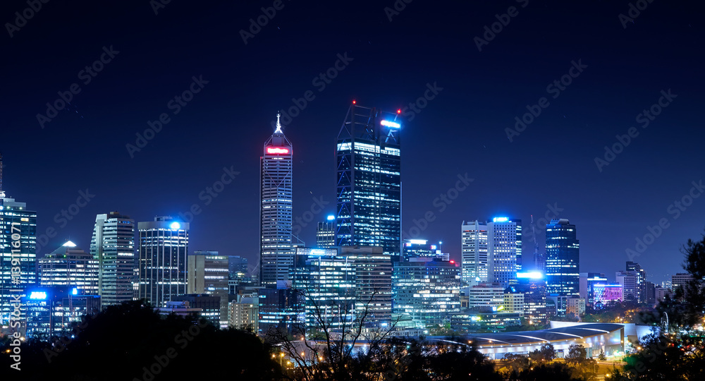 Skyline of Perth from Kings Park with a view of John Oldany Park at night.