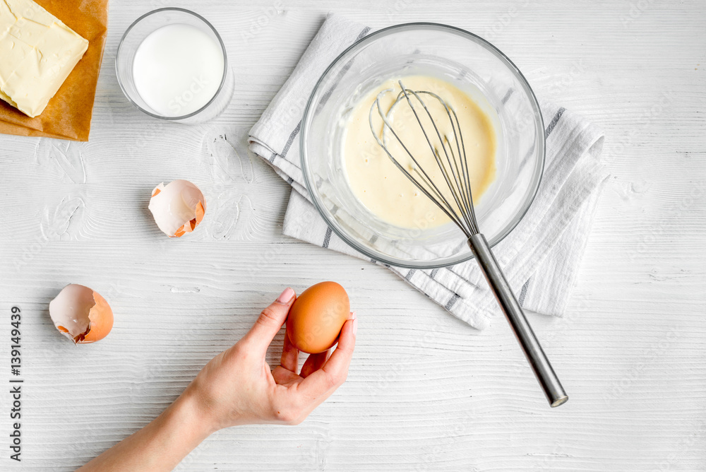 cooking pancake on white background top view ingredients for making