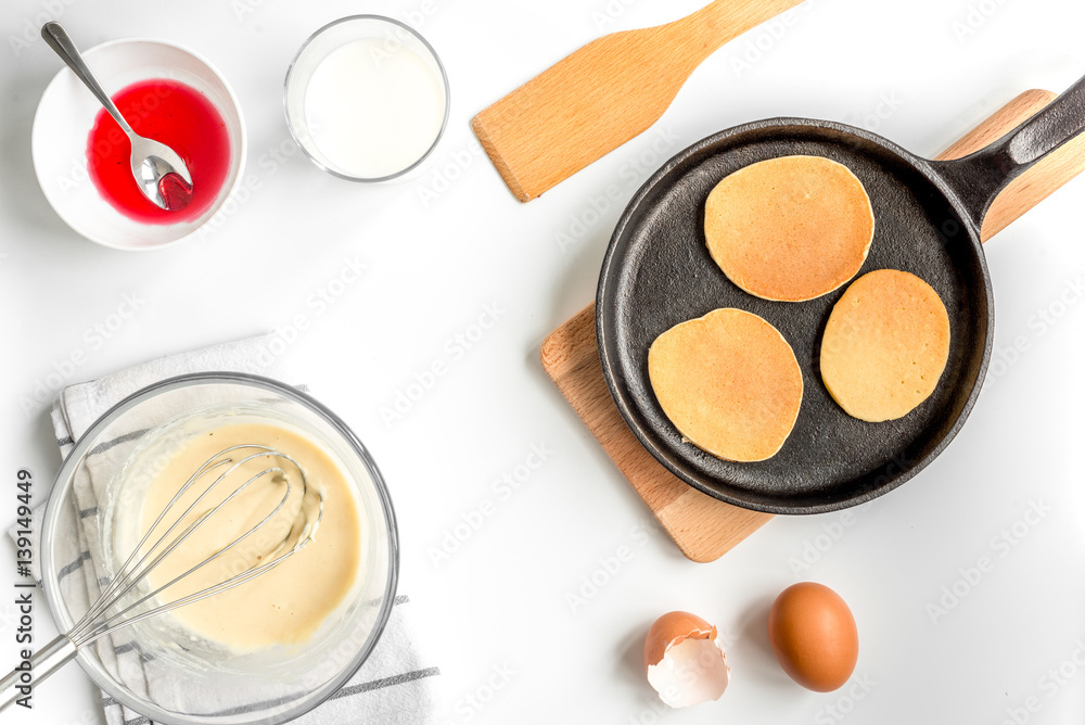 cooking pancake on white background top view ingredients for making