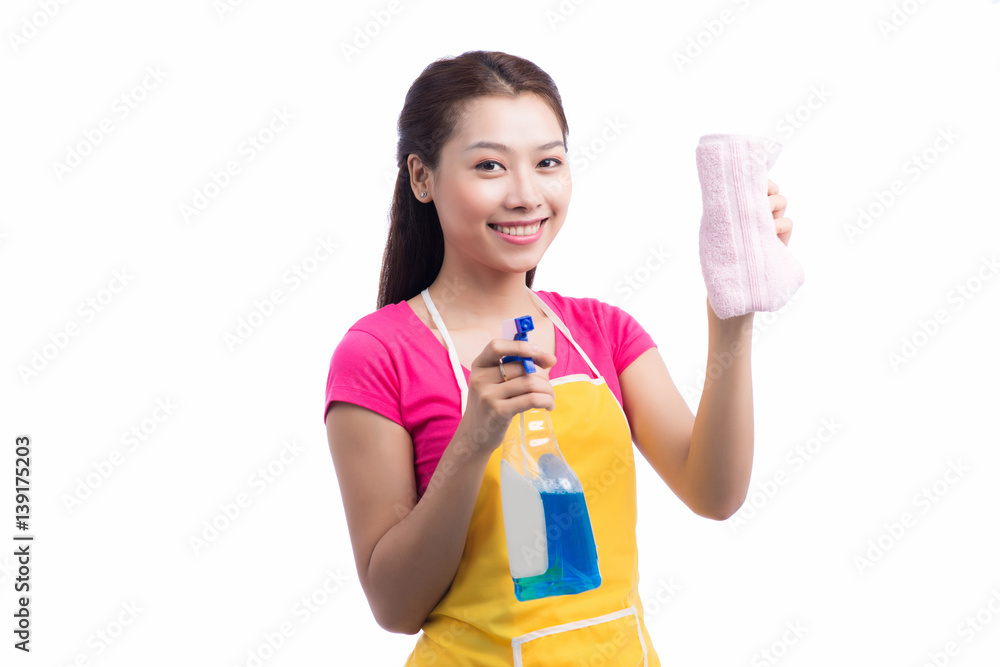 Portrait Of Happy Young Asian Maid Cleaning Glass With Sponge