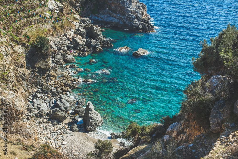 Seascape scenery. Rocks and beautiful natural clear lagoon at Mediterranean sea coast of Turkey, nea