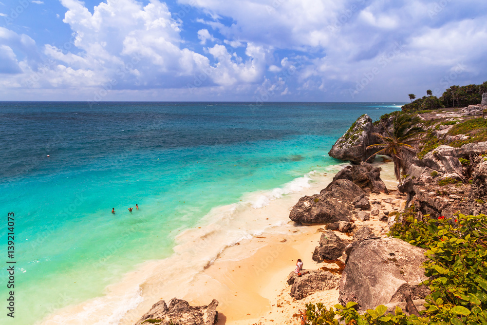 Caribbean beach at the cliff in Tulum, Mexico