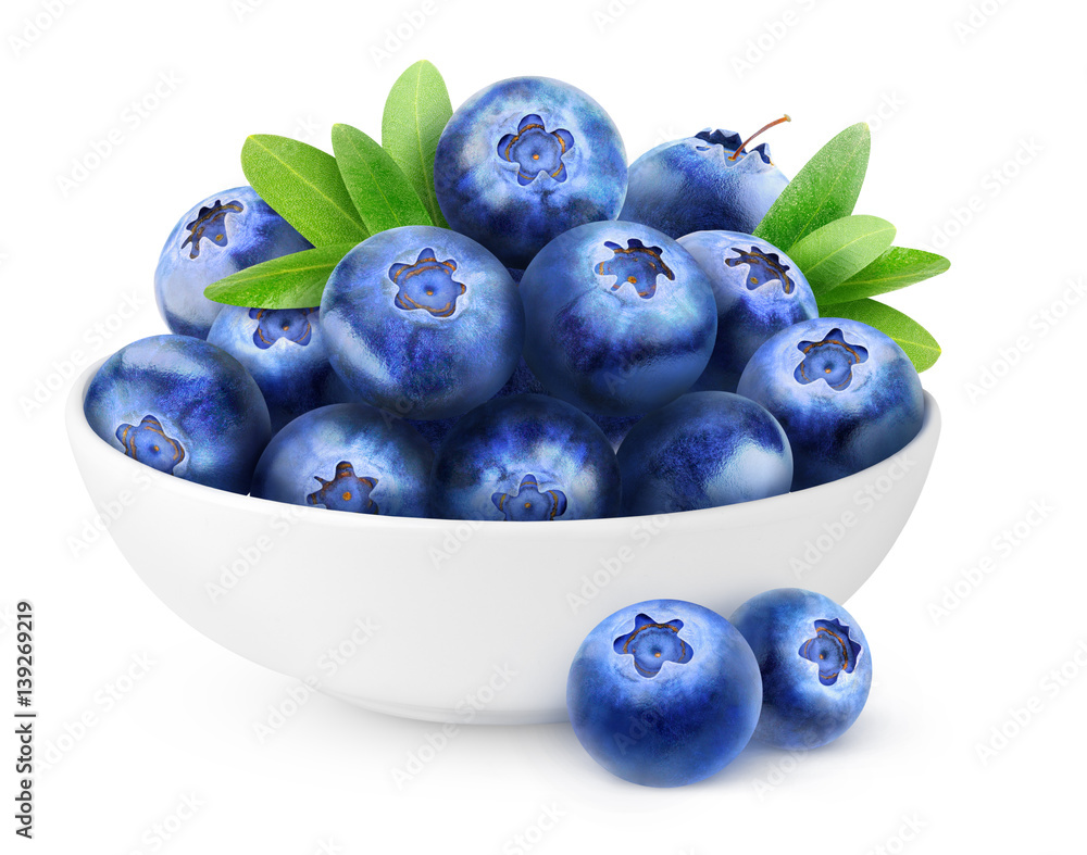 Isolated blueberries. White bowl with pile of fresh blueberry fruits isolated on white with clipping