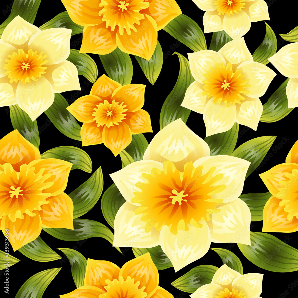 Seamless background with yellow daffodil narcissus. Spring flower with stem and leaves. Realistic pa