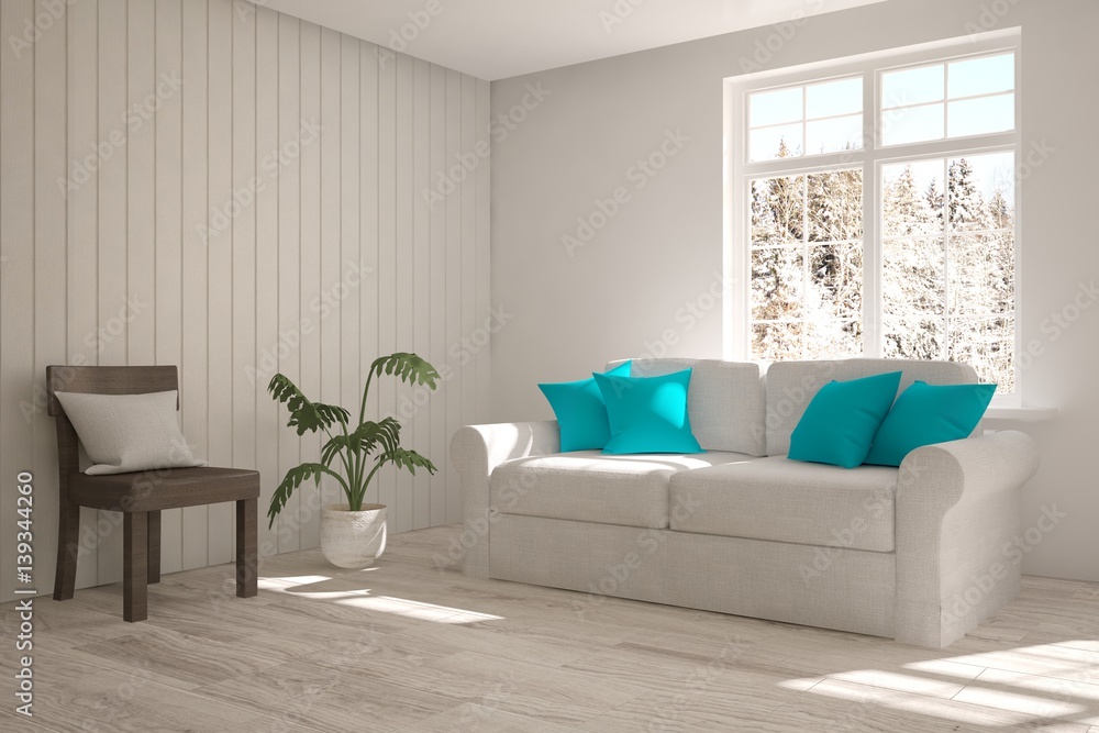 White room with sofa and winter landscape in window. Scandinavian interior design. 3D illustration