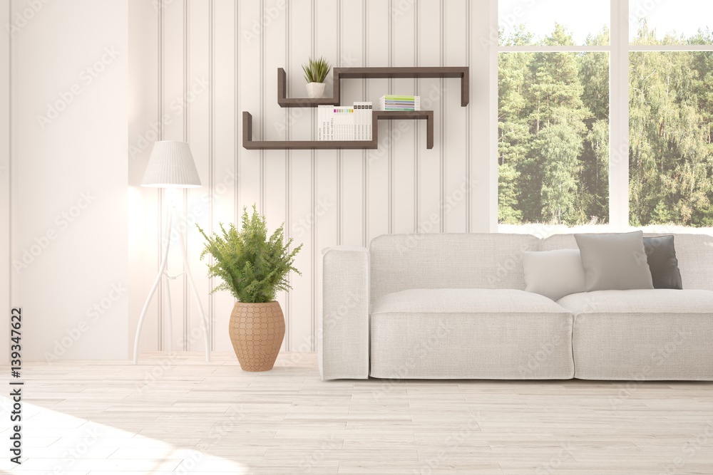 White room with sofa and green landscape in window. Scandinavian interior design. 3D illustration