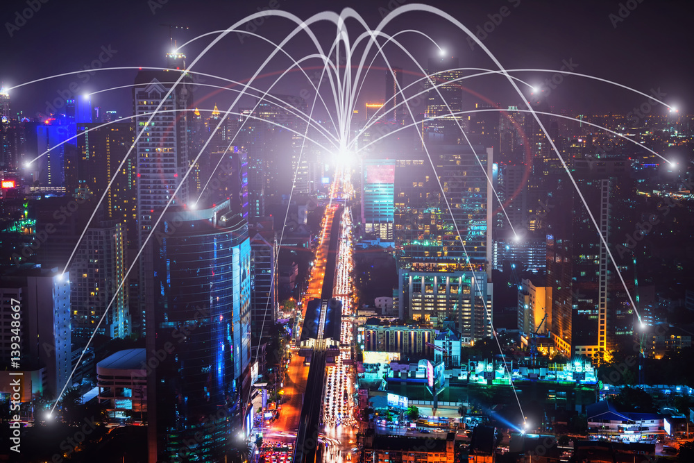 Business networking connection concept and Wi-Fi in city. Technology communication, The wireless com