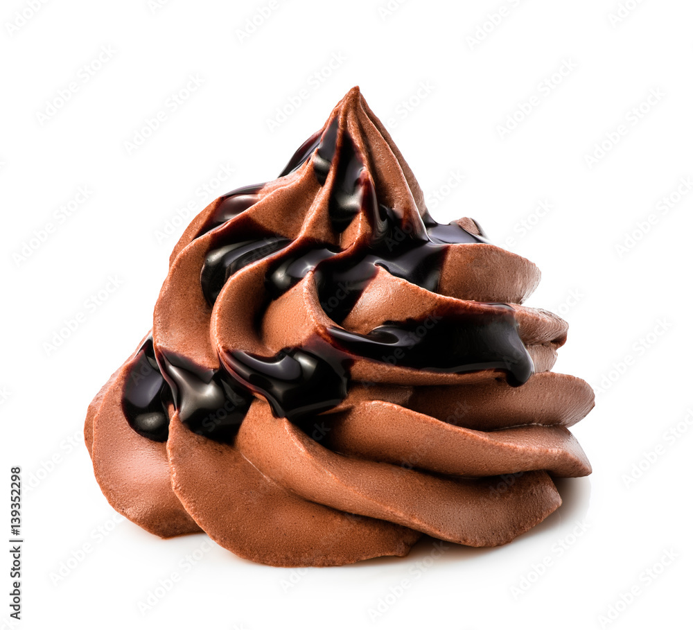 Chocolate frozen yogurt with chocolate sauce on white background with clipping path. Whipped cream. 