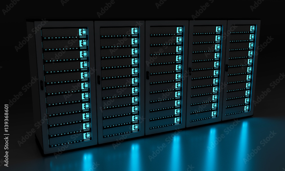 Dark server room data center storage 3D rendering