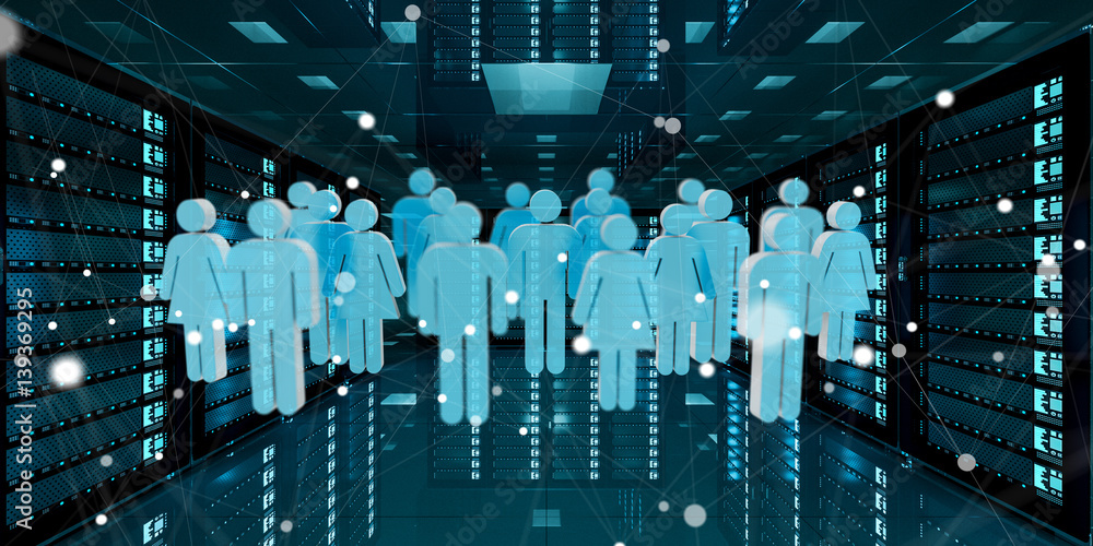 Group of people icons flying over server room data center 3D rendering