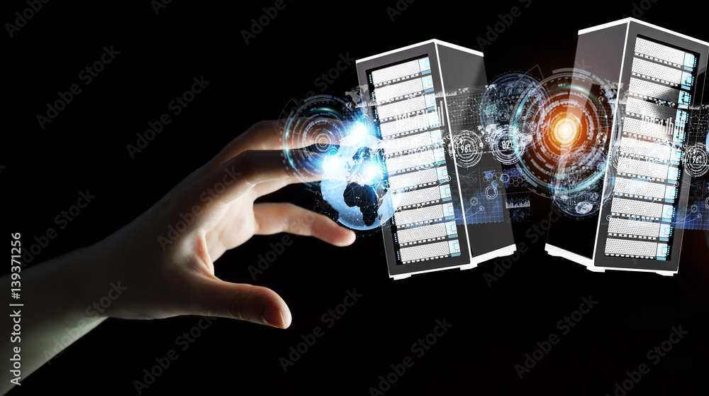 Businessman connecting servers room data center 3D rendering