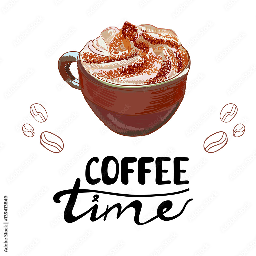 VECTOR sketched cappuccino cup with letters: COFFEE time