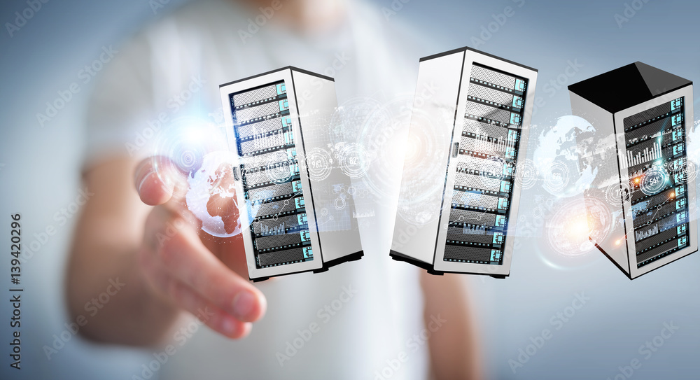 Businessman connecting servers room data center 3D rendering