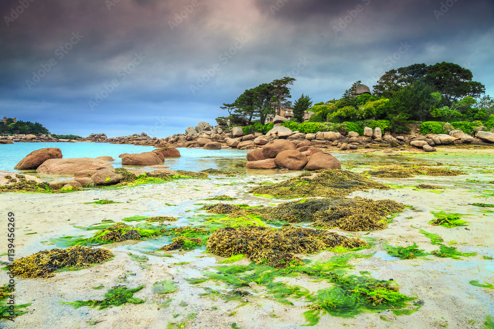 Magical Atlantic ocean coast with granite stones, Perros-Guirec, France