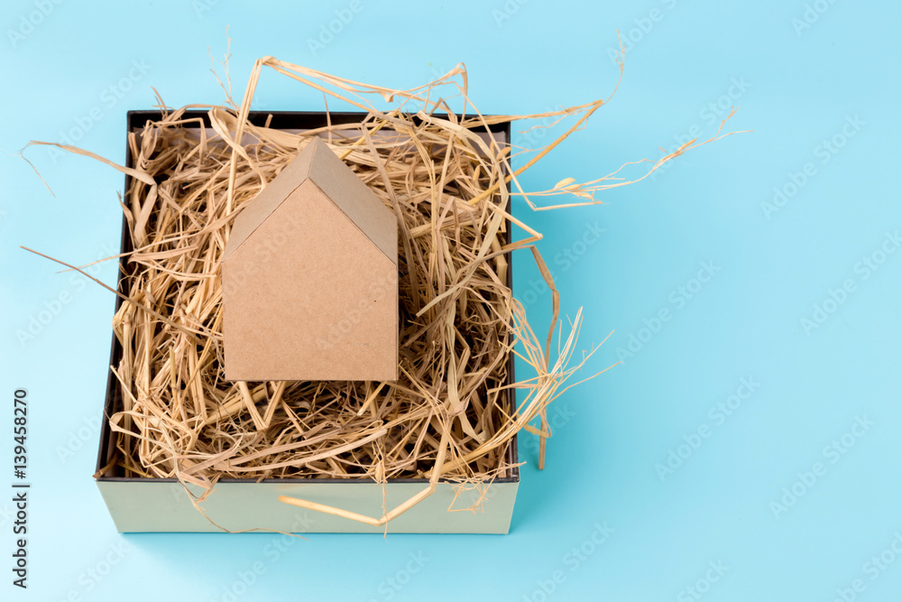 house model cardboard in a box with hay and free copyspace house concept