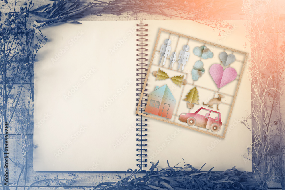 blank notebook on old vintage with dry flower on wooden background with free copyspace for your text