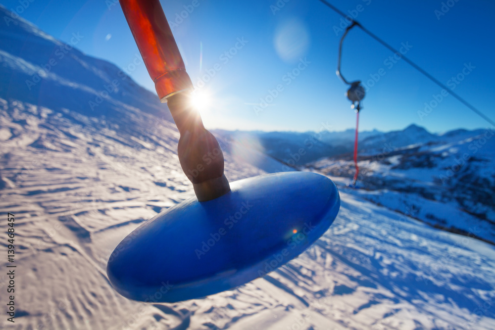 Button lift at mountain ski resort in the morning