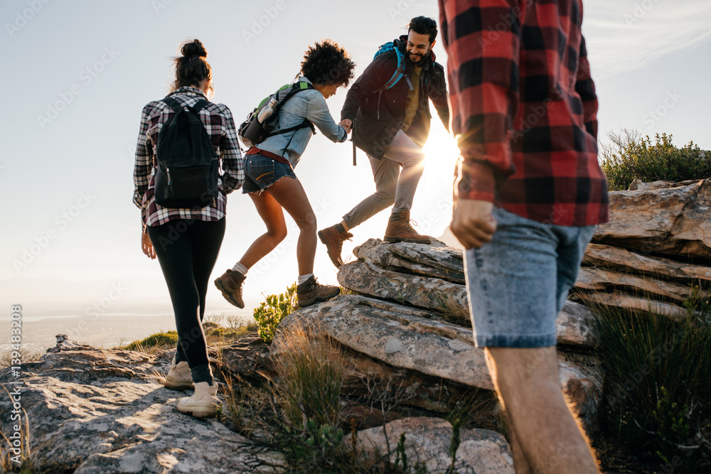 Group of hikers walking on a mountain