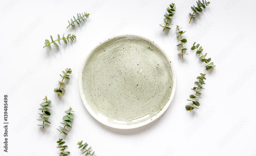 woman breakfast mockup with lavander and eucalyptus on white table top view