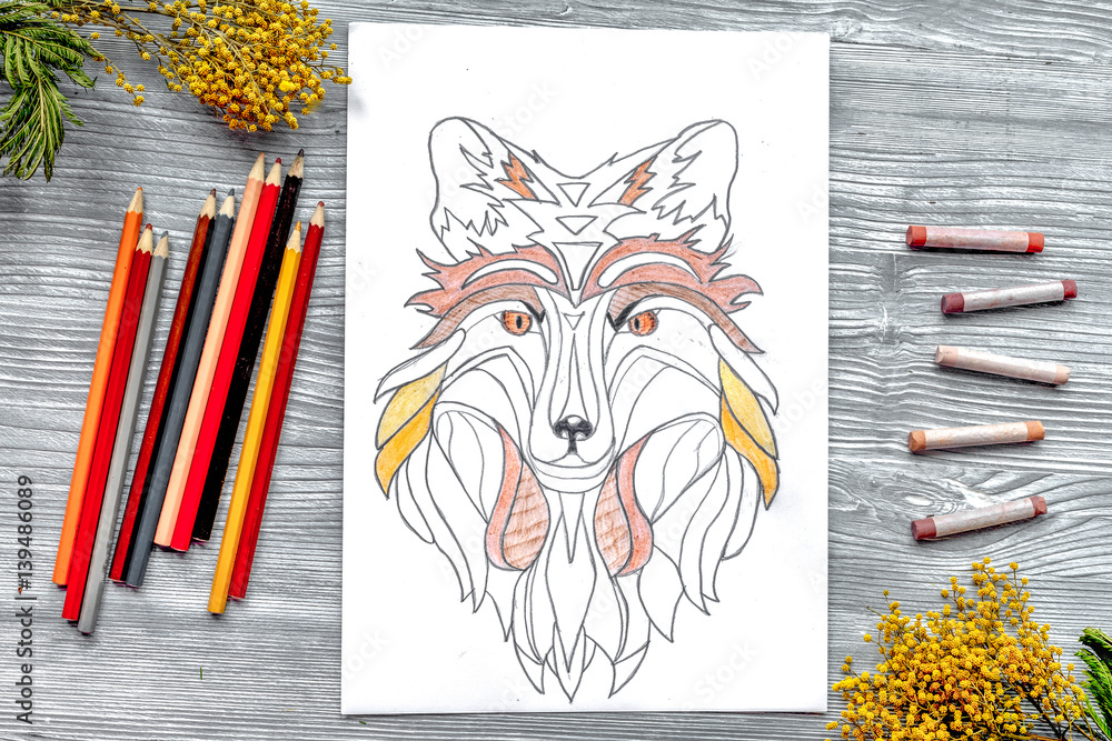 coloring picture for adults on wooden background top view