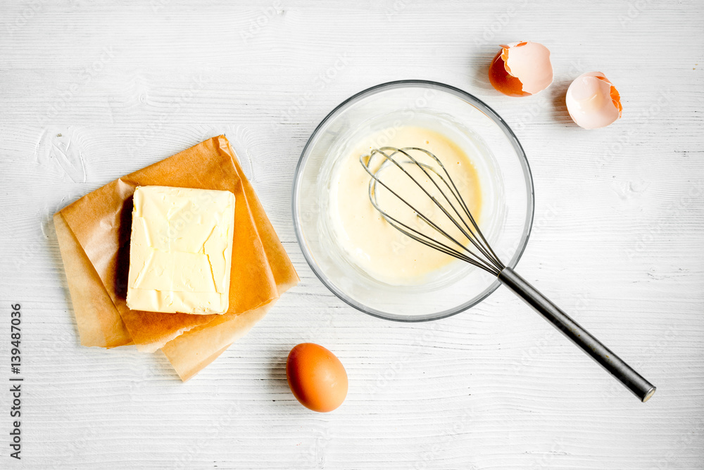 cooking pancake on white background top view ingredients for making