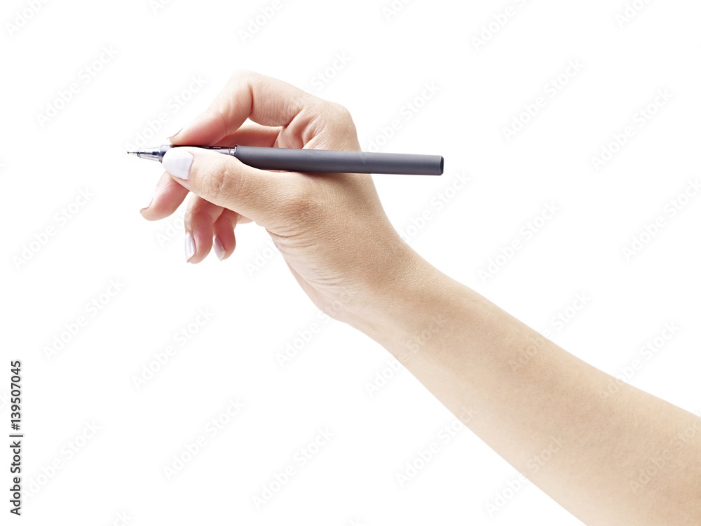 females hand holding a pen