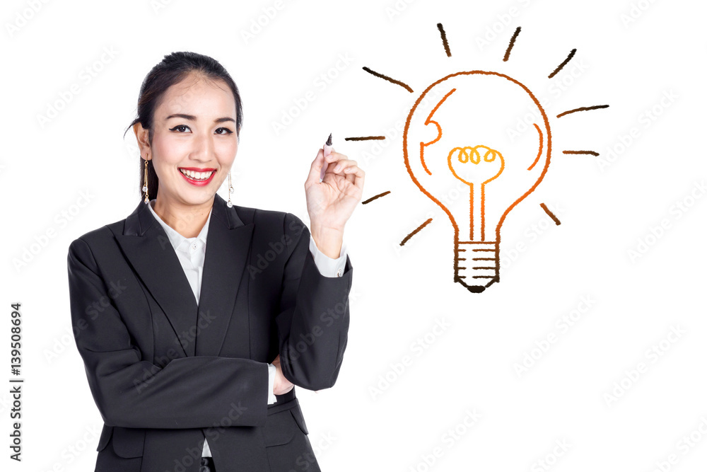 business asian woman with graphic drawing on white background