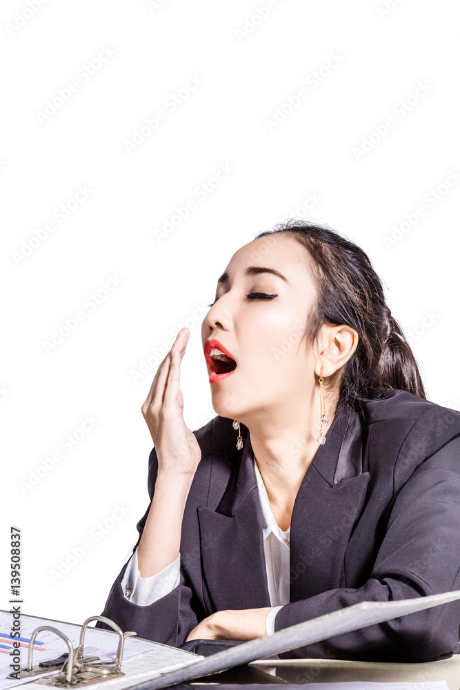 lazy asian business girl with bording working moment on white background