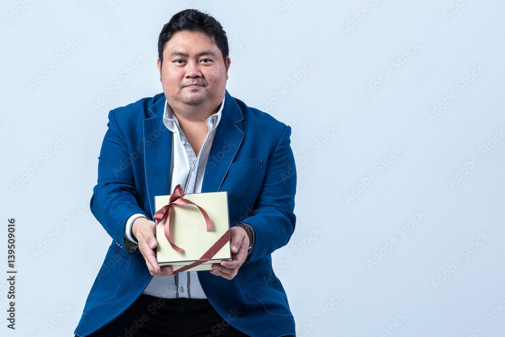 fat asian business man and present box with shirt isolate on white background