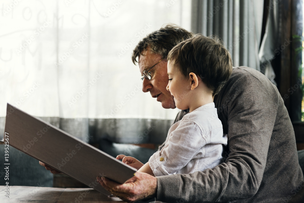 Reading Togetherness Grandfather Grandson Leisure