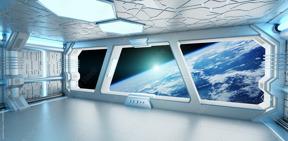 Spaceship interior with view on the planet Earth 3D rendering elements of this image furnished by NA