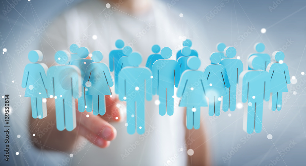 Businessman touching 3D rendering group of people with his finger