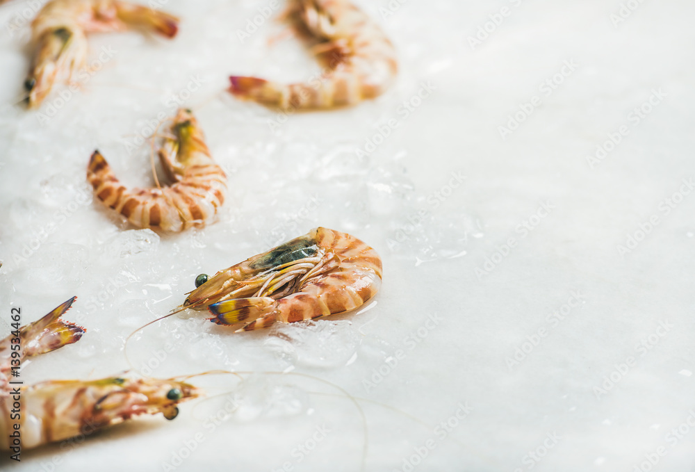 Raw uncooked tiger prawns on chipped ice over light grey background, selective focus, copy space, ho