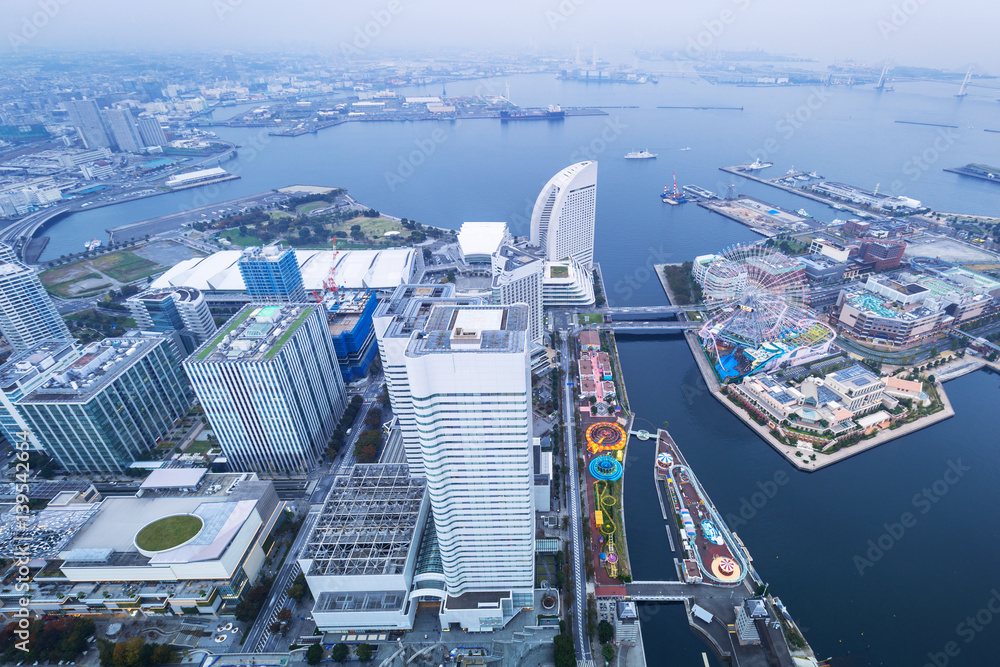 Aerial view of Yokohama city at dusk, Japan