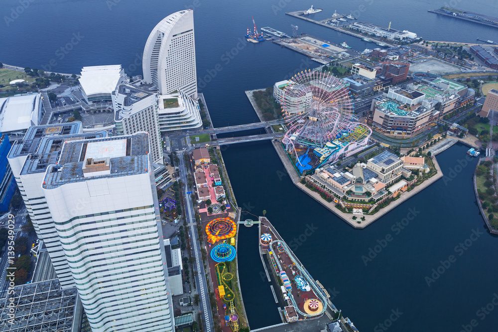 Aerial view of Yokohama city at dusk, Japan