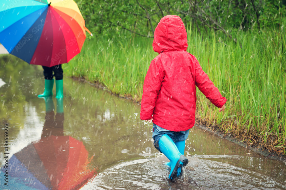 Child walking in wellies in puddle on rainy weather