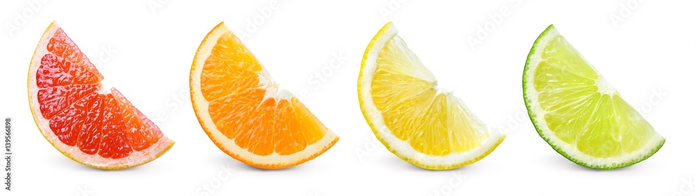 Citrus fruit. Orange, lemon, lime, grapefruit. Slices isolated on white background. Collection.