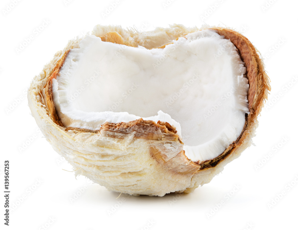 Coconut. Fresh young nut. Half isolated on white background. Full depth of field.