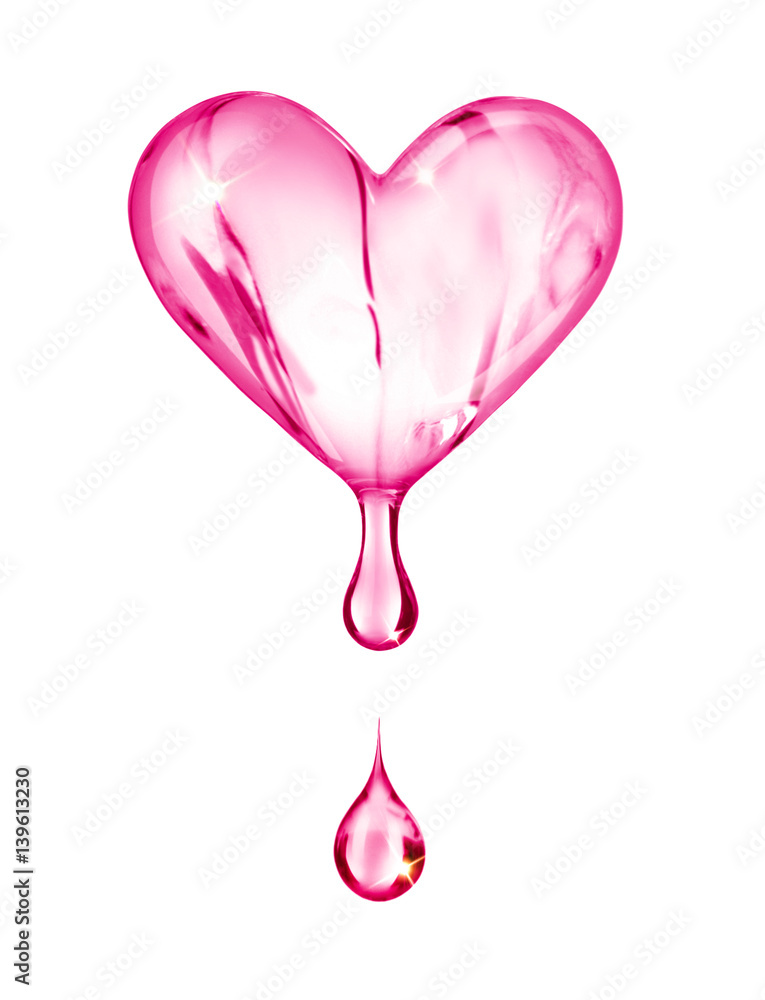 Heart made of transparent  liquid with drops isolated on white