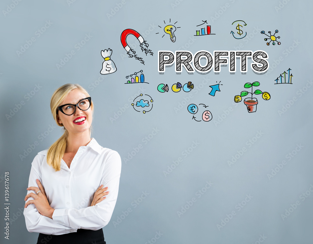 Profits text with business woman