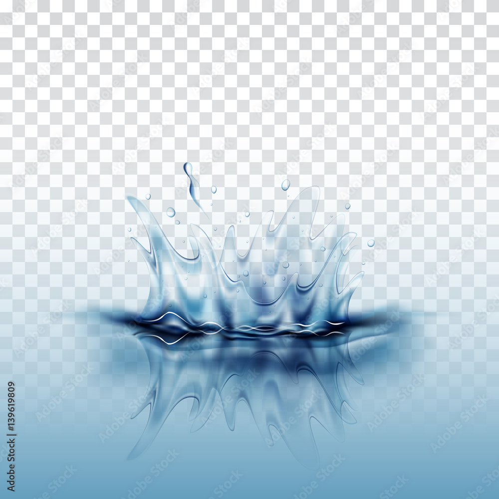 Blue transparent water splash with reflection blue water drops and ripple isolated, illustration vec