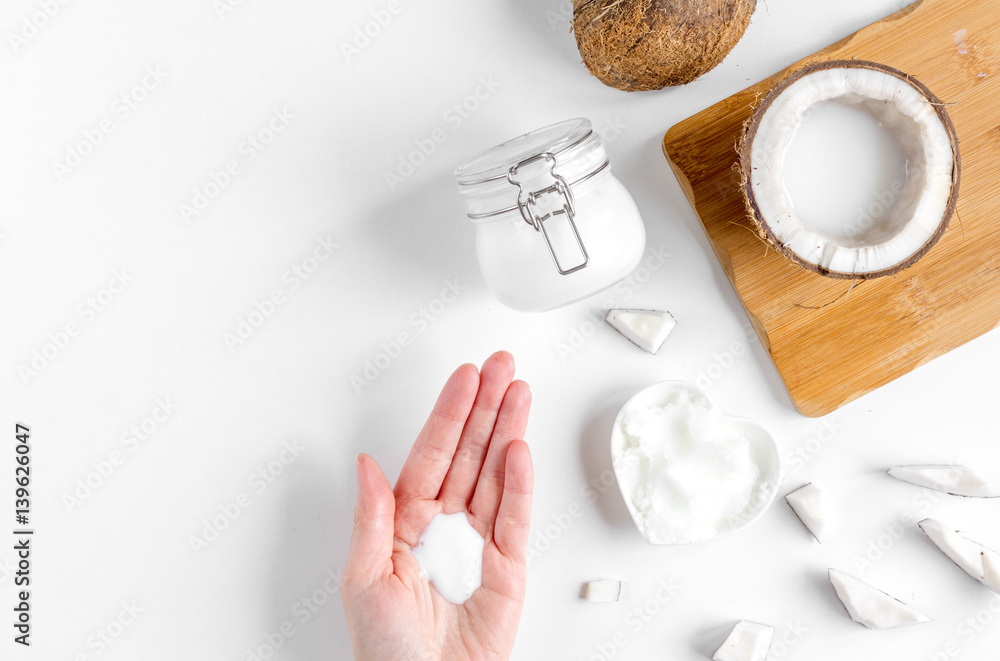 organic cosmetics with coconut on white background top view mockup