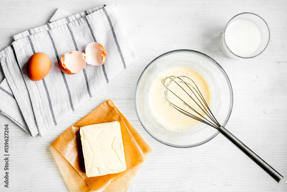 cooking pancake on white background top view ingredients for making